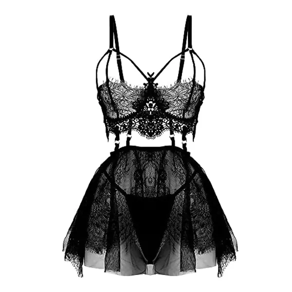 
                            Plus Size Lingerie for Women Lace Black Babydoll Sexy Mesh High Waisted Nightdress Strappy Exotic Sleepwear
                        