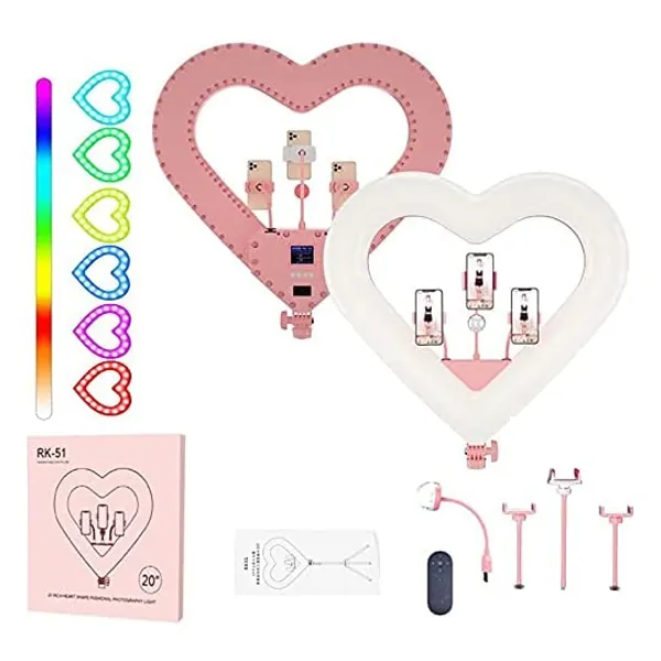 
                            20 Inch Heart-Shaped Ring Light with Phone Holder 3200K-5500K Ring Lights Stepless Dimming Rotatable RGB LED Ring lamp for Live Stream/Make Up/Photography
                        