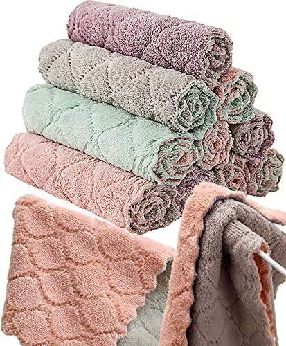 12 Pack Kitchen Towels Quick Dry Washcloths, Coral Velvet Dishtowels Multipurpose Reusable Cloths, Soft Tea Absorbent Cleaning Cloths Double-Sided Microfiber Lint Free Rags. - Colorful