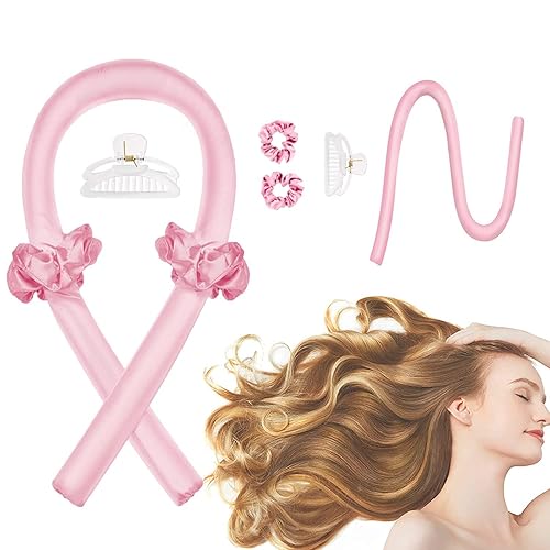 CORATED Heatless Curling Rod Headband, No Heat Silk Ribbon Rollers for Overnight Sleeping Curls, Styling Kit with Hair Clips and Scrunchie - Pink