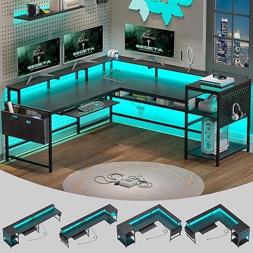 SEDETA L Shaped Gaming Desk, Reversible Computer Desk, Gaming Desk with Power Outlets & LED Strip, Monitor Shelf, Keyboard Tray, Pegboard and Storage Shelves for Home Office, Black - Black