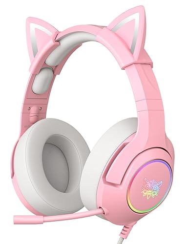 PHNIXGAM Cat Ear Gaming Cute Headset, Wired Over-Ear Headphones with Noise Cancelling Microphone, Surround Sound, LED Backlight for PS4, PS5, Xbox One(No Adapter), PC, Mobile Phone (Light Pink) - A Pink