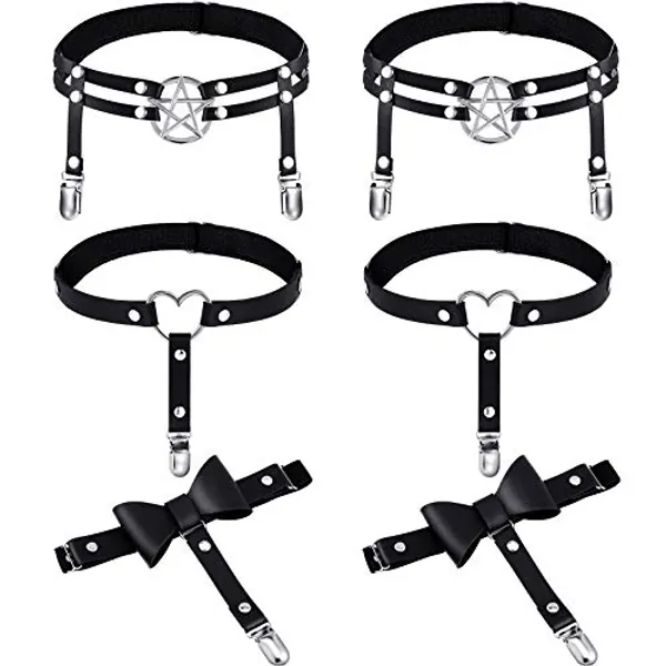 6 Pieces Thigh High Garter Belt Heart Star Shaped Butterfly Knot Punk Leg Garter with Anti Slip Clips Elastic Punk Gothic Adjustable Thigh Ring Garter for Women Girls