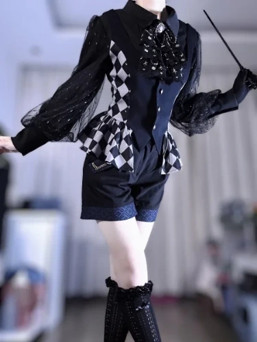 [$45.41]Dark Blue Checked Pattern Ouji Waistcoat