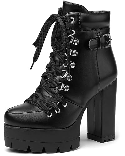 Susanny Sexy High Heels for Women Boots Round Toe Platform Booties Lace Up Suede Side Zipper Ankle Bootie - 15 - Black-db