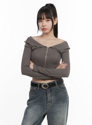Zipper Off-Shoulder Ribbed Top OO401 | Brown / S/M