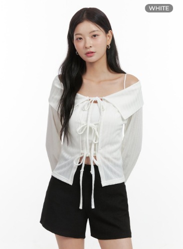 Off-Shoulder Ribbon Detail Cardigan OS423 | White / S/M