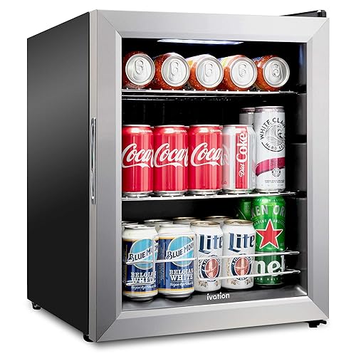 Ivation 62 Can Beverage Refrigerator, Freestanding Ultra Cool Mini Fridge, Beer, Cocktails, Soda, Juice Cooler for Home & Office, Reversible Glass Door & Adjustable Shelving - Stainless Steel - 62 Can - Stainless Steel