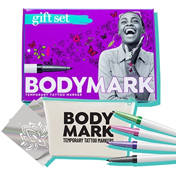 BodyMark Gift Set Temporary Tattoo Marker for Skin, Premium Brush Tip, 4 Count Pack of Assorted Colors and Stencils, Skin-Safe Temporary Tattoo Markers Set