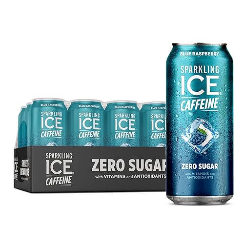 Sparkling Ice +Caffeine Blue Raspberry Sparkling Water, with Antioxidants and Vitamins, Zero Sugar, 16 Fl Oz (Pack of 12) - Blue Raspberry