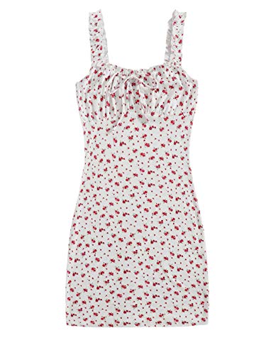 Floerns Women's Disty Floral Frill Trim Tie Front Ruched Bust Mini Bodycon Dress - Medium - A White