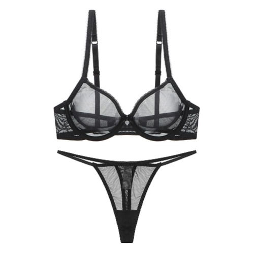 varsmiss Women See Through Mesh Bra and Thong Set Transparent Sexy Underwear - Black1 - 34C
