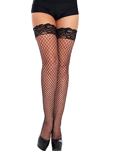 Leg Avenue Women's Industrial Fishnet Thigh Highs with Stay Up Silicone Lace Top - Black - 1X-2X