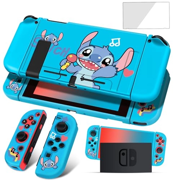 oqpa for Nintendo Switch Case Cute Kawaii Cartoon Design Cover, Fun Funny Switch Game Shell for Girls Kids Screen Protector Glass + TPU Soft Cases for Nintendo Switch (Blue Stitc)