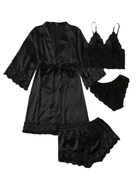 WDIRARA Women's 4 Pieces Satin Floral Lace Cami Top Lingerie Pajama Set with Robe - X-Large Black Belted