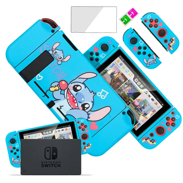 oqpa for Nintendo Switch Case Cute Kawaii Cartoon Design Cover, Fun Funny Fashion Switch Game Shell for Girls Kids Women Screen Protector Glass + TPU Soft Cases for Nintendo Switch (Blue Stitc) - Blue Stitc