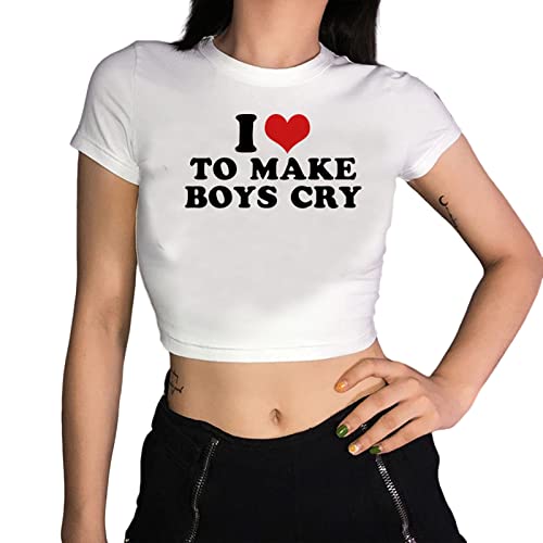 Tuislay Cute Baby Tees for Women I Love to Make Boys Cry Y2k Shirt Crop Tops Aesthetic Clothes Streetwear Summer T-Shirt - Small - White