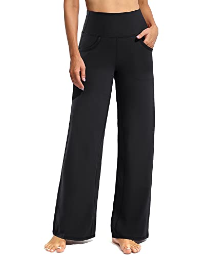 Promover Wide Leg Pants Woman Yoga Pants with Pockets Stretch Loose Casual Lounge Sweatpants Petite/Regular/Tall - Black - Medium