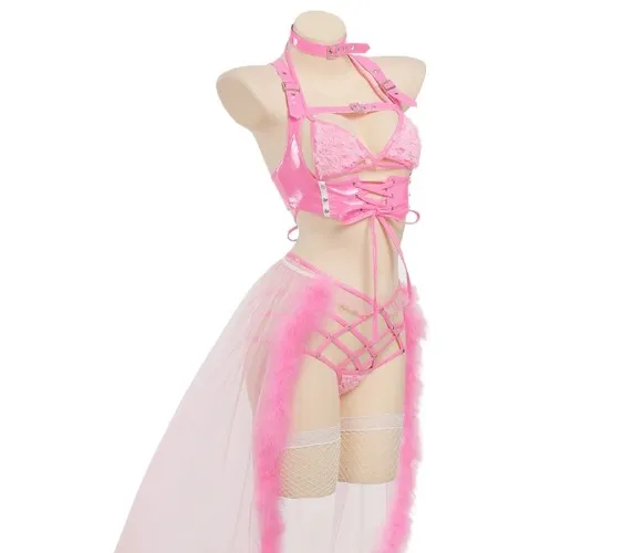 Pink Fur & Latex Harness Lingerie Set | S