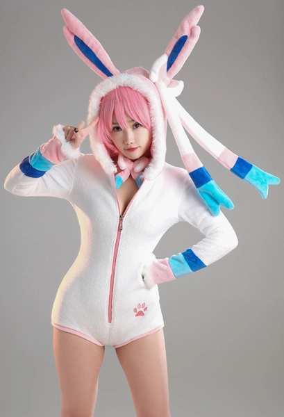 Sylveon Derivative Sexy Fluffy Hooded Bodysuit Deep V Kawaii One Piece Lingerie Rompers with Choker and Socks