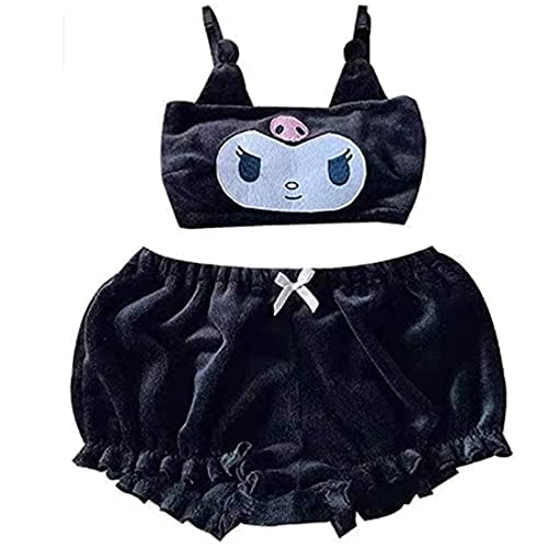 Kuromi Bra + Headband My Melody Cinnamoroll Cute Cartoon Plush Pajamas Costume Lovely Ears Bra Bloomers Shorts Velvet Set - Small - Kuromi