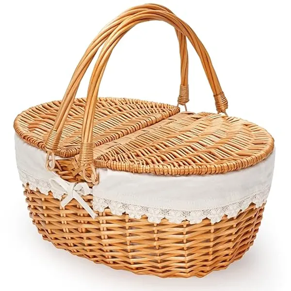 Wicker Picnic Basket with Removable Liner, Empty Picnic Baskets with Lid, Vintage-Style Picnic Hamper with Folding Woven Handle for Picnic, Camping, Outdoor, Halloween, Thanks Giving, Birthday (Cream) - 15" Cream Liner W/Willow Lid