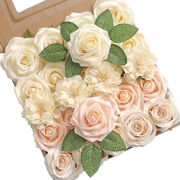 YYHUAWU Champagne Artificial Flowers Box Set Gradient Color Foam and Silk Fake Flowers with Stems for DIY Wedding Bridesmaid Bridal Bouquets Centerpieces Party Home Decoration - Champagne
