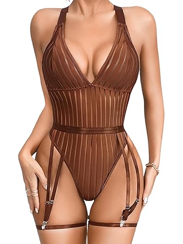Kaei&Shi Sexy Ribbed Top,Plunge V, Snap Crotch, Leg Strap, Backless 3Pc Bodysuit - Coffee - 8-10