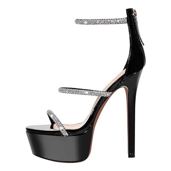 richealnini Platform Heel for Women Crystal Sandals with Rhinestone Straps Buckle Stiletto High Heels - 8 - Black