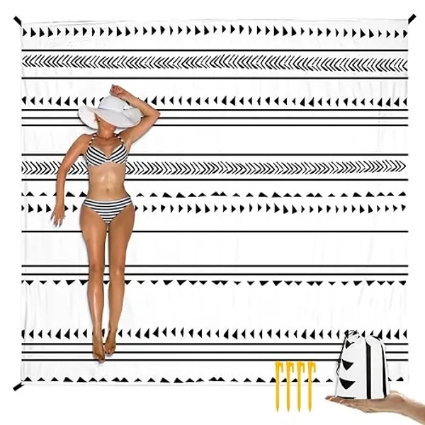 110''×118'' Extra Large Waterproof Sandproof Beach Blanket for 8 Adults, Outdoor Beach Mat with 4 Stakes & 4 Corner Pockets, Polyester Lightweight Foldable Picnic Mat for Travel, Camping, Hiking - White-black Lines - 9x10 FT (1～8 Person)