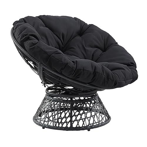 OSP Home Furnishings Wicker Papasan Chair with 360-Degree Swivel, Grey Frame with Black Cushion - Grey Frame With Black Cushion - Bohemian