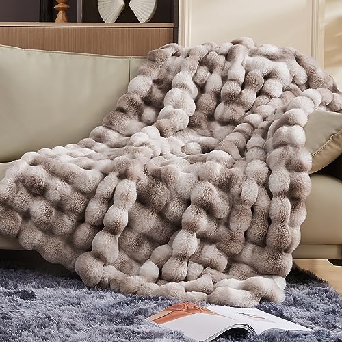 Touchat Luxury 1000GSM Faux Rabbit Fur Throw Blanket, Super Heavy Warm Cozy Brown Blankets for Couch Bed Sofa, Ruched Plush Fuzzy Elegant Soft Reversible Mink Blanket for Living Room Bedroom - Tie-dye Coffee - Throw-50"x60"