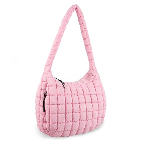 Quilted Puffer Tote Bag Large Crossbody Shoulder Bag with Zipper, Nylon Bubble Hobo Handbag Carryall Bag for Women - Pink - Large