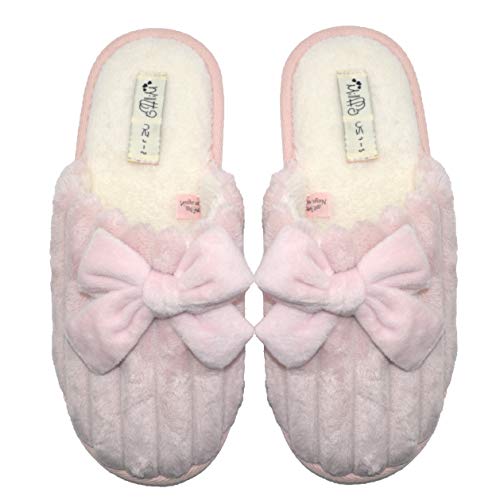 Millffy Women’s Cute Comfy Fuzzy Knitted Memory Foam Slip On Big Wave Stripe House Slippers Indoor - 9-10 - Pink