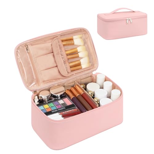 OCHEAL Makeup Bag, Travel Makeup Bag Waterproof Cosmetics Organizer Make Up Bag Case,Toiletry Bag for Women,Large Capacity for Girls Daily Use Dorm Room Storage with Dividers -Pink - 005_Pink