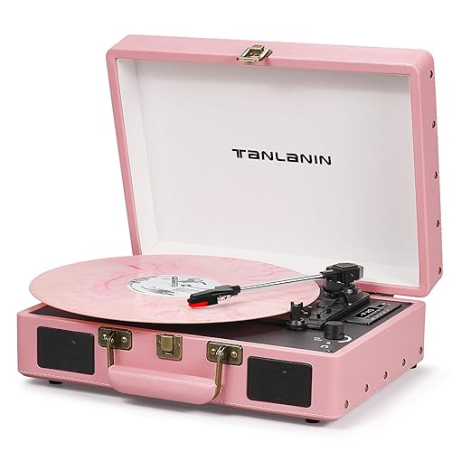 Vintage Suitcase Record Player - 3-Speed Bluetooth Portable Turntable with USB Recording, MP3 Converter RCA/AUX/Headphone Jack,Light Pink - Light Pink