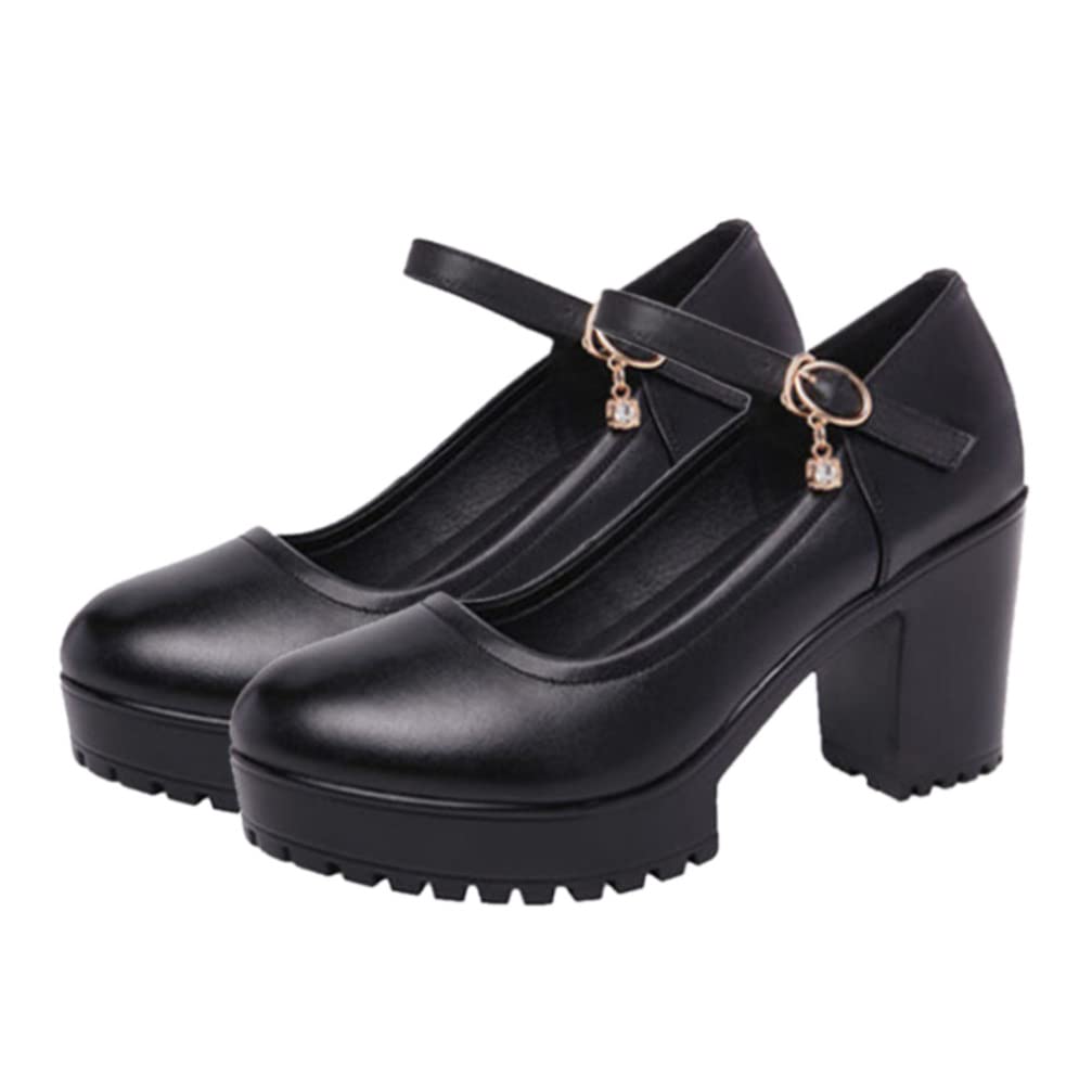 Holibanna Vintage Womens Lederen Klassieke Platform Chunky Mid Hak Jurk Pomp Schoenen Platform Mary Janes Pompen Enkel Gesp Ronde Pompen