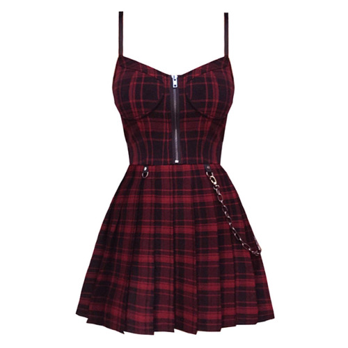 Gotische meisjes plaid geplooid punk jurk preppy stijl rood zwart spaghetti riem sexy mouwloze mini korte jurken goth streetwear