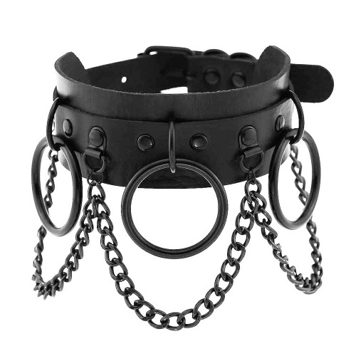 Jurxy leather collar necklace circle clinker collar ladies leather choker metal ring collar gothic punk rock leather strap adjustable collar with black set - double layer with circle 
