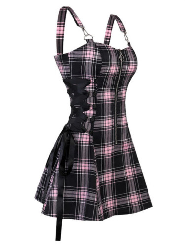 CHOUBAGUAI Gothic Plaid Lace Up Halve Rits Jurk A-lijn Mini Dagelijkse Jurken Voor Vrouwen Mouwloze Jurken