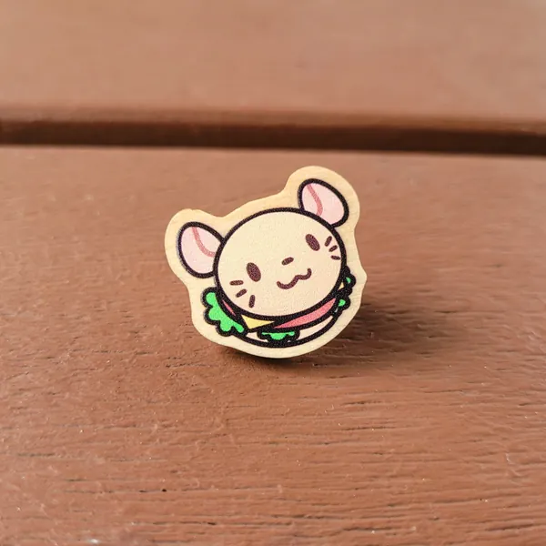 Niedlicher Ratte Burger Holz Pin | 1 Zoll | Lustige alberne Nager Geschenke | Für Rattenliebhaber | Maus Brötchen | Mini Food Button | Kreatives Tiergeschenk