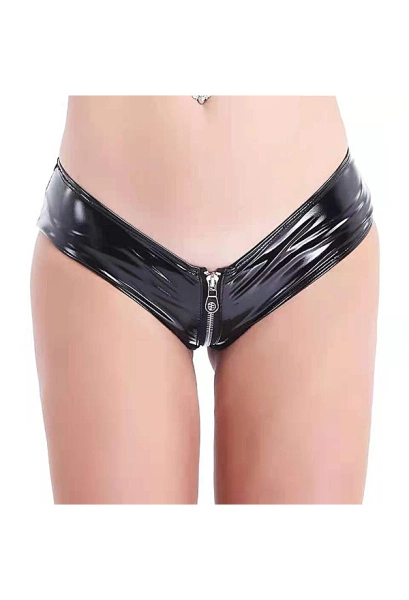 Sexy Lingerie Lackleder Shorts Dessous Reißverschluss High Cut Niedriger Taillen Höschen