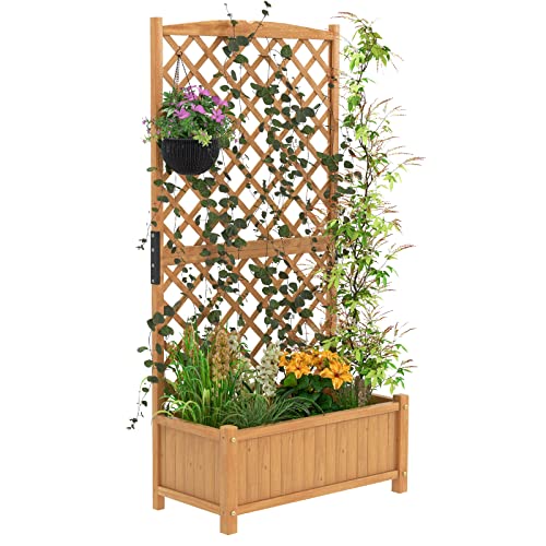 HOMASIS Hochbeet mit Rankgitter, Blumenkasten mit Spalier, Pflanzkasten Pflanzgefäß aus Holz, Pflanzübel Rankkasten Gartenspalier für Balkon, Garten, Terrasse, 90 x 44,5 x 180,5 cm, Natur