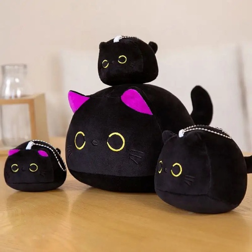 James - Soft Kawaii Black Cat Plush - Black/Pink / 55cm