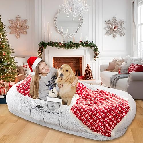 WROS Human Dog Bed, 71"x45"x14" Dog Beds for Humans Size Fits You and Pets, Washable Human Dog Bed for People Doze Off, Napping Orthopedic Bed, Present Plump Pillow, Blanket, Strap - Grey - 71.0"L x 45.0"W x 12.0"Th - Grey-Christmas