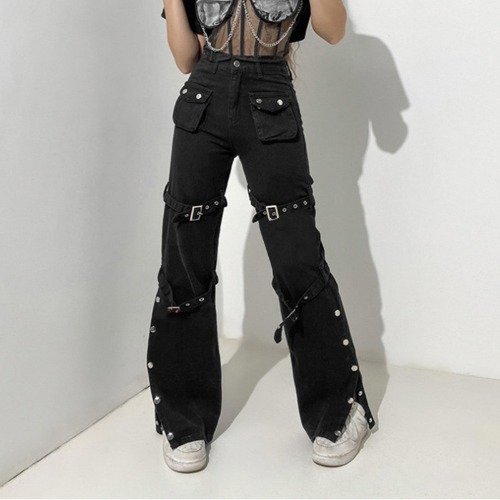 'Towards Hell' Baggy Strap Pants - black / L
