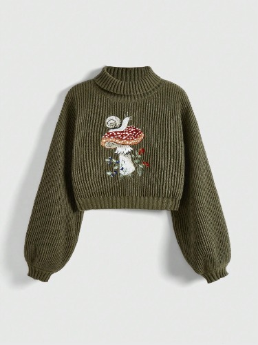 ROMWE Fairycore Mushroom Embroidery Turtleneck Lantern Sleeve Sweater,Long Sleeve Tops