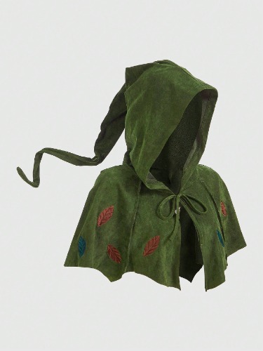 ROMWE Fairycore Leaf Embroidery Crop Costume Hooded Cape