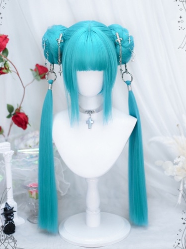 [$27.83]Blue Short Straight Synthetic Wig with Double Ponytails