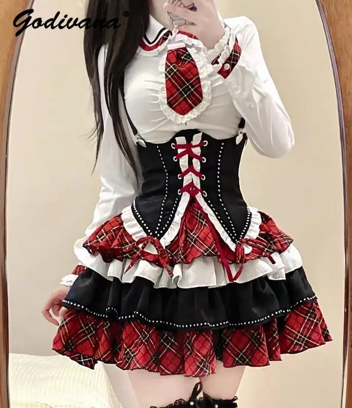 43.32US $ 20% OFF|Cool Girl Lolita Contrast Color Black and Red Plaid Waist Tied Suspender Skirt + Long Sleeve White Shirt Students JK Pettiskirt| |   - AliExpress